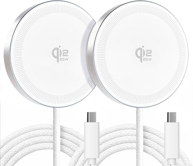 25W Qi2.2 Magnetic Wireless Charger: Qi Flat Charging Pad for iPhone 17 16 15 14 13 12 Pro Max, Google Pixel, AirPods-Slim Portable for Travel, Office, Bedside (White, 2-Pack)