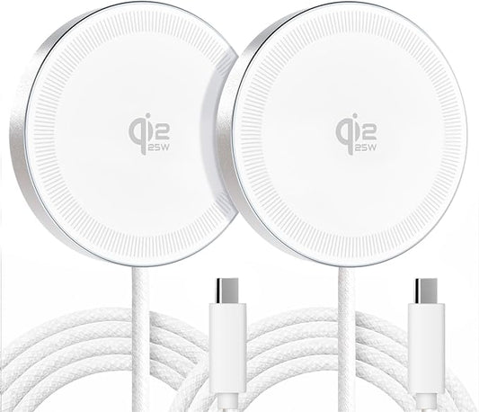 25W Qi2.2 Magnetic Wireless Charger: Qi Flat Charging Pad for iPhone 17 16 15 14 13 12 Pro Max, Google Pixel, AirPods-Slim Portable for Travel, Office, Bedside (White, 2-Pack)