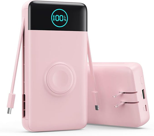 Portable Charger for iPhone, 40800mAh Power Bank with Built-in Cables & AC Wall Plug, 5 Outputs USB C Fast Charging External Battery Pack for iPhone 17/16/15/14, Android, Travel Essential (Pink)