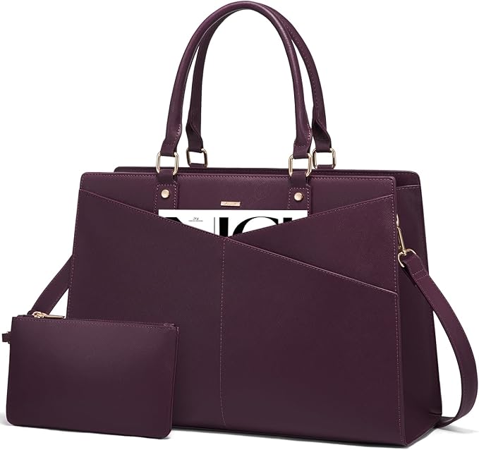 LOVEVOOK Laptop Tote Bag for Women, Leather Business Office Work Bag Computer Briefcase with Small Clutch fit for 15.6 Inch Laptop Purple