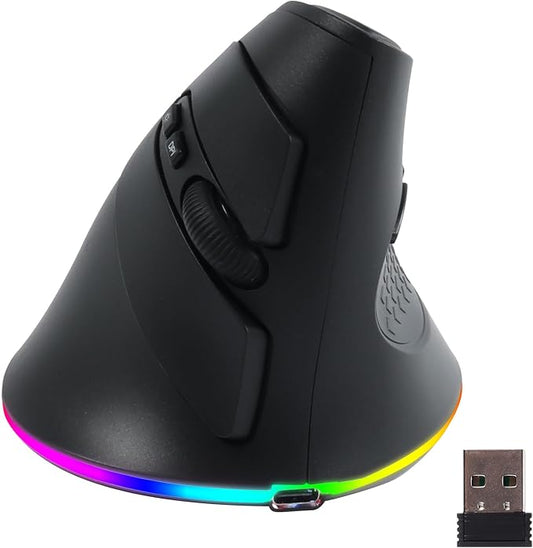 Wireless Mouse, Vertical Ergonomic Mouse 2.4G Bluetooth Dual Mode 3 DPI Rechargeable Connect Multiple Devices Vertical Mouse 6 Buttons and RGB Lights Suitable for PC Laptop Computer(Black)