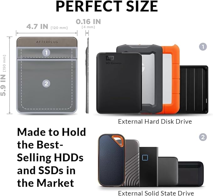 2-Pocket Adhesive Hard Drive Holder for Laptop, Stick-On Pocket Pouch for External Portable SSD, HDD, Slim Mouse and Cables (Large - Fits SSD & 2.5" Drives)
