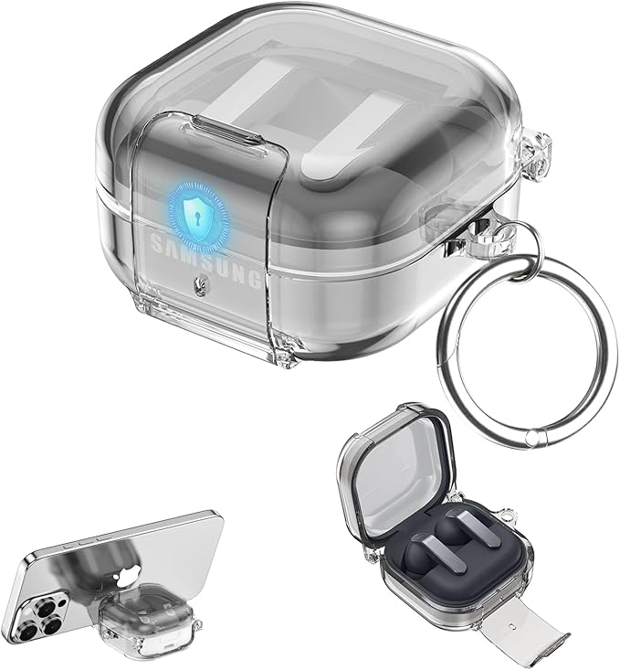 CameCosy Transparent case Compatible for Samsung Galaxy Buds 4/Buds 4 Pro 2026 with Lock Buckle & Phone Stand Function, TPU Shockproof Anti-Scratch Cover with Carabiner for Women Men, Clear Gray