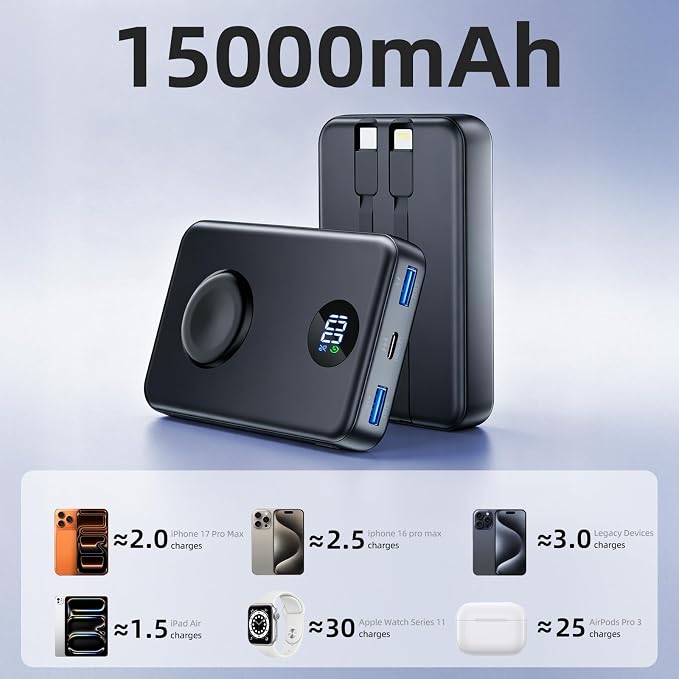 COPINK 15000mAh Mini Portable Charger Power Bank [for Apple Watch], Fast Charging Battery Pack with [PD‑C+L] for Apple Ecosystem, for iPhone 17 Air 16 15 14-8 Pro Max, iPad, AirPods and Apple Watch