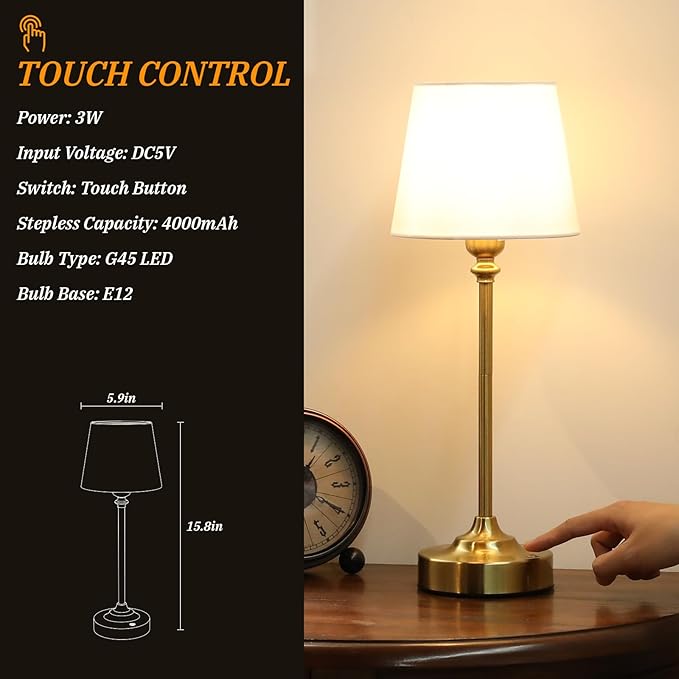 Kakanuo Cordless Table Lamps Rechargeable Set - 2 Pack Gold 4000mAH Battery Operated Lamps for Decor, 3000K Stepless Dimming Touch Wireless Lamp for Bedroom, Dining Table, Living Room, White Shade