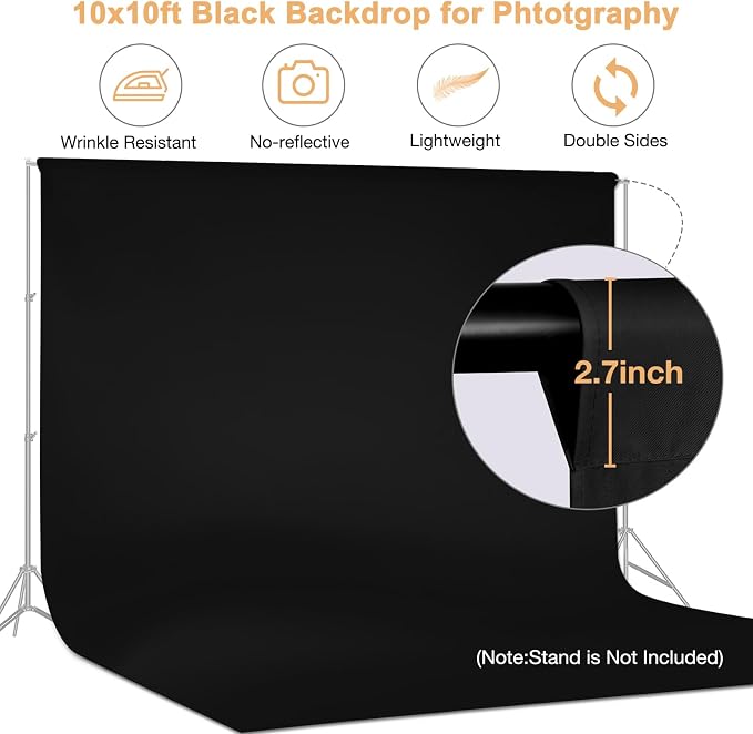 Aimosen 10x10 FT Black Backdrop Background for Photography, Large Photo Backdrop Curtain Drapes, High Density Polyester Fabric Screen for Party Portrait Photoshoots Booth Video Studio