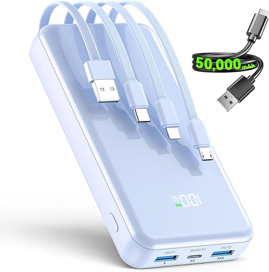 Portable Charger,50000mAh Power Bank Built-in Cable, 22.5W PD USB C In & Out Fast Charging, External Battery Pack with 6 Output & 2 Input, Travel Phone Charger for iPhone 17/16/15/14/13/12(Azure)