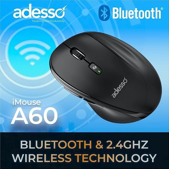 Adesso iMouse A60 Ergonomic Wireless Vertical Mouse, Bluetooth and 2.4GHz Dual Mode with USB-A Receiver, Copilot AI Hotkey, 3 Level DPI (1000/1600/2400), 6 Buttons, Right Hand for Windows