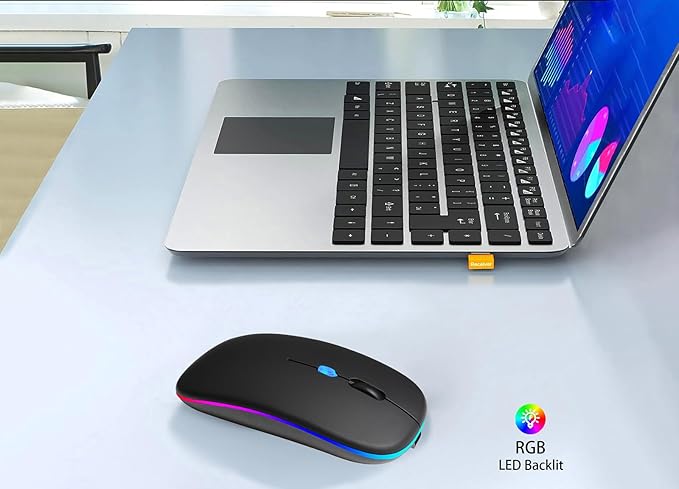 AIKOKOK Wireless Bluetooth Mouse, Rechargeable, Dual Mode Bluetooth 5.2 & 2.4G USB, LED Lights, Slim, Silent, Portable Computer Mouse for Laptop, PC, MacBook, iPad, Tablet (Black)
