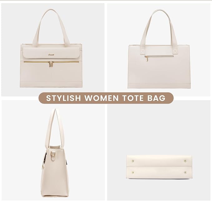 LOVEVOOK Laptop Bag for Women 15.6 Inch Tote Work Professional Leather Computer Briefcase Waterproof Handbag Shoulder Large Capacity Business Teacher Office Crossbody Purse, 206# Beige White