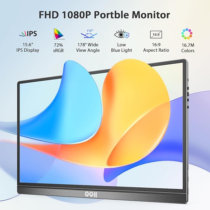 QQH Portable Monitor, 15.6inch FHD IPS 1080P Travel Portable Monitor for Laptop, USB-C HDMI HDR Second Screen for Laptop, Mac, Phone, Xbox, PS5/4