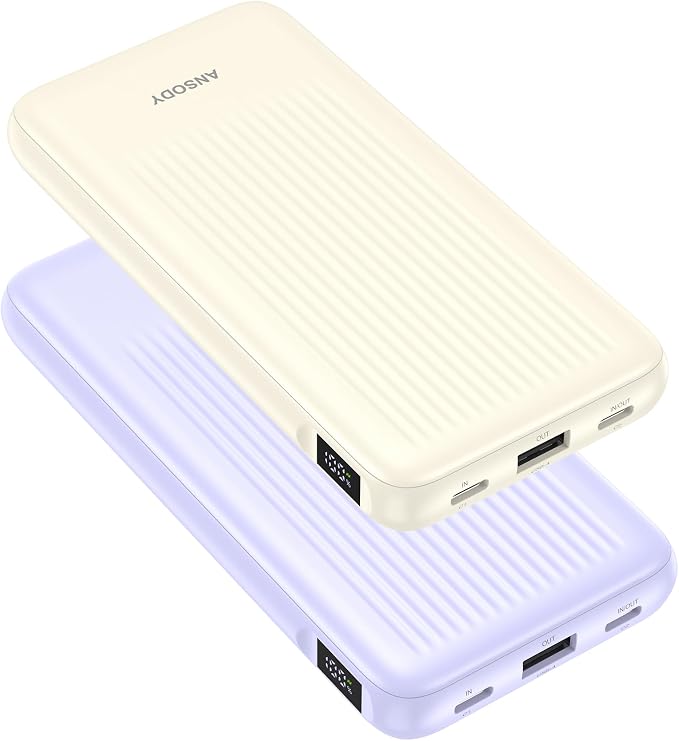 2-Pack 10000mAh Power Bank Fast Charging, 22.5W Compact USB C Portable Charger with 2 Outputs & 2 Inputs, LED Display Battery Pack Compatible with iPhone Samsung iPad Tablets, Purple & Beige