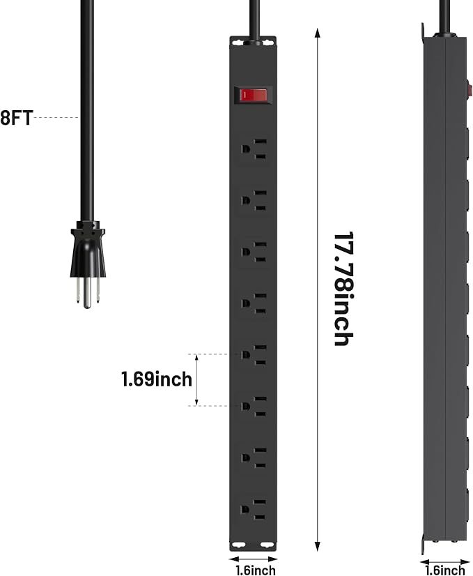 8 Outlets Heavy Duty Power Strip with 8 Ft 14AWG Power Cord Straight Plug and Switch,Wide Spaced Shop Power Strip Metal for Commercial,Industrial,School and Home,15A 125V 1875W,Black(8FT)
