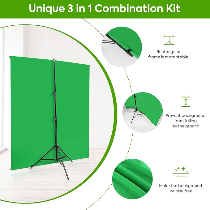 Green Screen Backdrop Kit with Stand, Huzofexo 6.5x6.5ft Adjustable Stable Photography Greenscreen Support Stand Kit Chromakey Background for Photo Studio,Vedio,Product Portrait, Streaming, Gaming