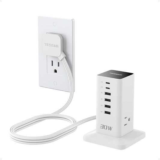 Charging Station for Multiple Devices, TESSAN 9-in-1 USB C Power Strip for iPhone 17/16/15, MacBook, Tablet, Desktop Phone Fast Charger with 3 AC, USB Charger, Home Drom Office Accessories, White-30W