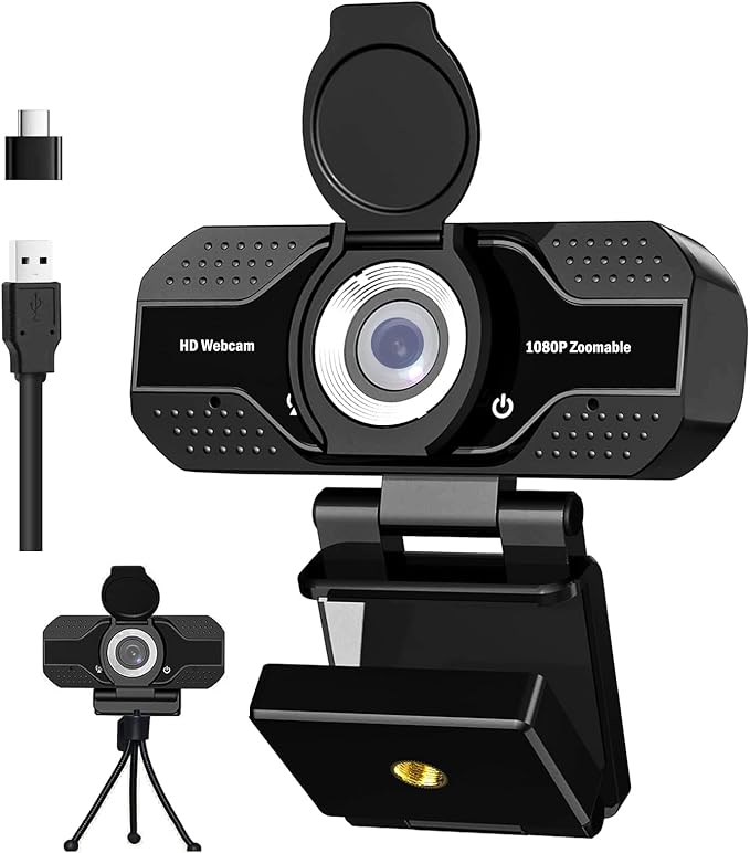 1080P HD Webcam with Microphone, Noise Cancellation, Privacy Cover, Wide-Angle Lens, Auto Light Correction, Plug & Play USB Webcam for Laptop, Desktop, PC, Zoom, Skype, Stream