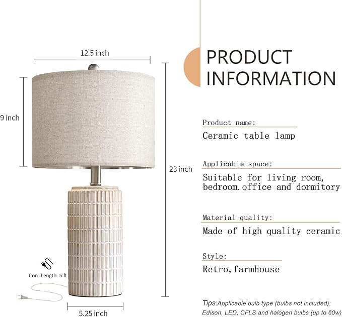 PoKat 23" Modern Ceramic Table Lamp Set of 2 for Living Room White Desk Lamps for Bedroom Farmhouse Bedside Nightstand Lamp House Warming Gifts New Home Decor End Table Lamps Gifts for Women Mom Beige