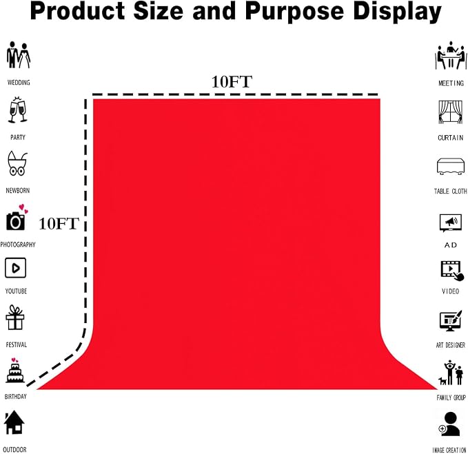 10x10FT Red Screen Backdrop for Photography Red Photo Booth Backdrop Photoshoot Recording Parties Curtain