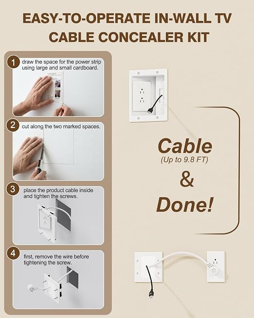 in-Wall TV Cable Management Kit, Recessed Dual AC Outlet Box w/Brush Wall Plate, 9.8FT, UL Listed Safe Design, Easy DIY Install w/Hardware & Hand Saw, Cable Hider for Wall-Mounted TV & Home Theater