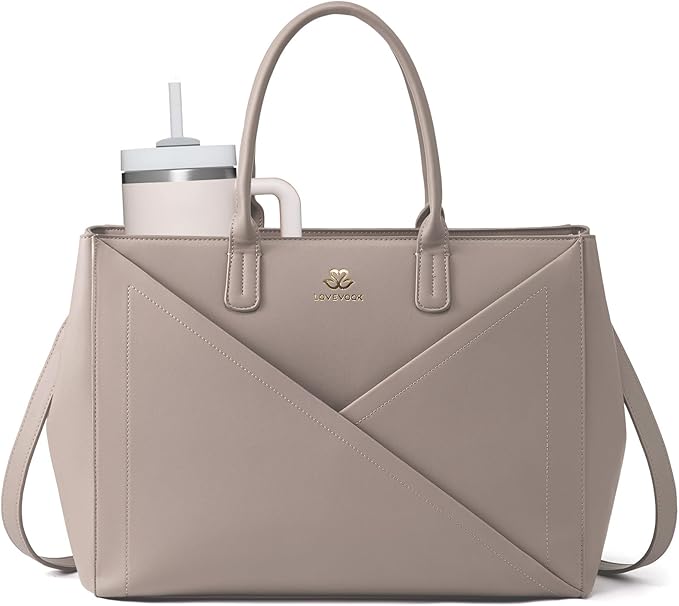 LOVEVOOK Laptop Tote Bag for Women with Large Cup Holder, 17.6 Inch PU Leather Work Bag Teacher Tote Bag, Waterproof Computer Bags Business Office Briefcase Handbag