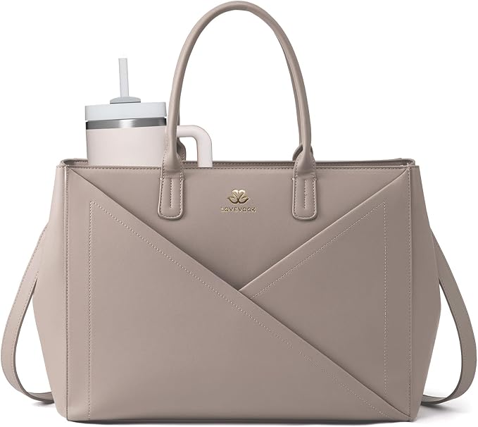 LOVEVOOK Laptop Tote Bag for Women with Large Cup Holder, 16 Inch PU Leather Work Bag Teacher Tote Bag, Waterproof Computer Bags Business Office Briefcase Handbag