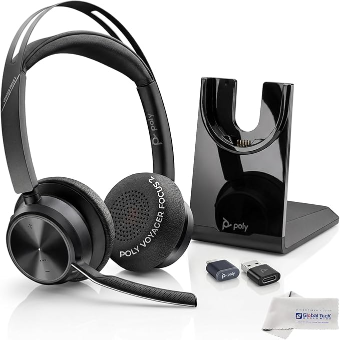 Plantronics Poly Voyager Focus 2 UC Bluetooth Headset with Charging Stand, USB-C/A Adapters, Connects to Teams, Zoom and Phone Calls on Laptops PC/Mac and Cellphones, Enhances Audio, GTW Cloth