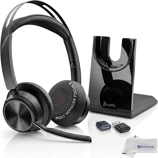Plantronics Poly Voyager Focus 2 UC Bluetooth Headset with Charging Stand, USB-C/A Adapters, Connects to Teams, Zoom and Phone Calls on Laptops PC/Mac and Cellphones, Enhances Audio, GTW Cloth