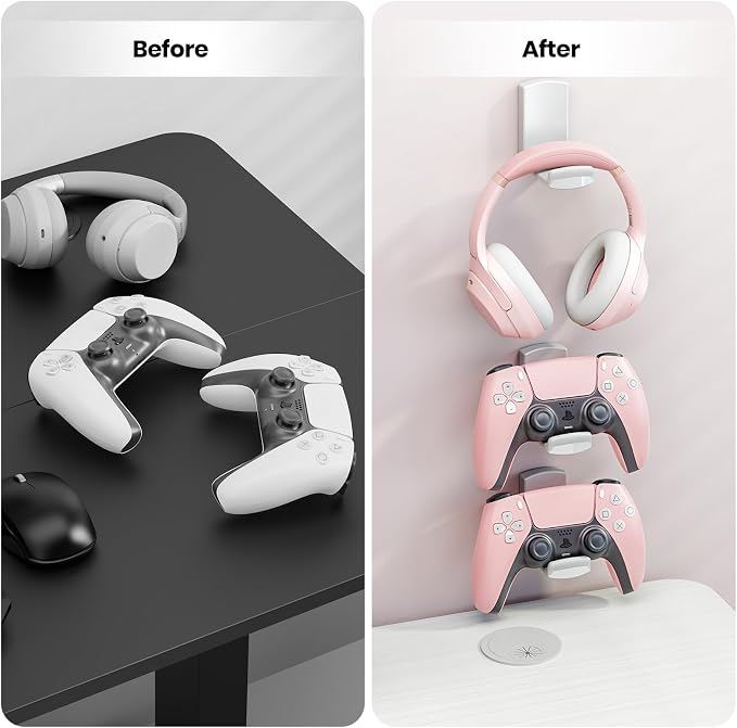 Sticky Headphone Stand Controller Holder - EURPMASK Upgraded Adhesive Gaming Headset Hook, Headphone Holder for Desk with Soft Rubber Pads, Universal PC Gaming Accessory Controller Headset Stand,White