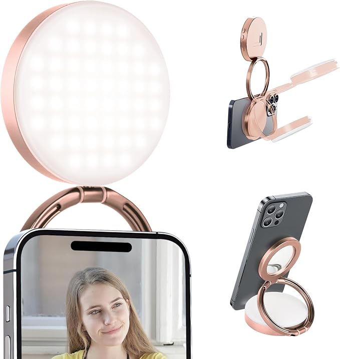 Magnetic Selfie Light, Portable Fold Selfie Light for iPhone, with Phone Mount Function, Light for Phone/iPad/iPhone/Camera, Fill-in Light for Photography/TikTok/Vlog/Video/Makeup/Conference (Pink)