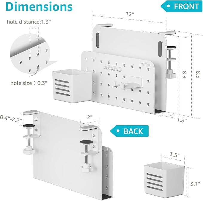 PEGZONE Desk Side Storage Organizer, No Drill Under Desk Laptop Holder, Clamp on Desks Shelf with Pegboard Accessories, Hanging Laptop Mount, Fits Flat Edge 0.4" to 2.2", White