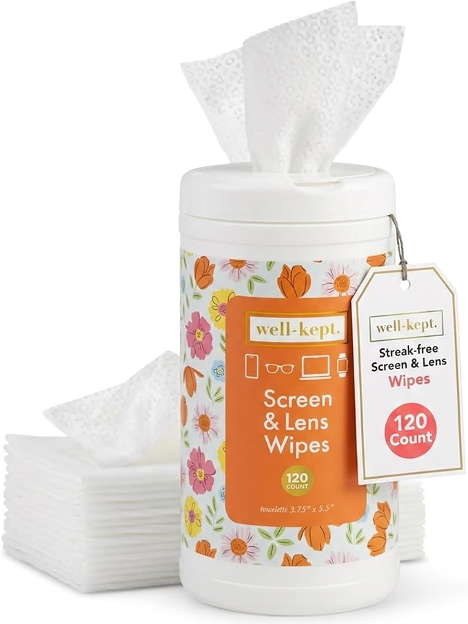 Well-Kept Tech & Lens Wipes - Eyeglass, Screen & Phone Cleaning, Multi-Surface, Lint-Free, Pre Moistened, Streak-Free & Non Scratching - NEW Size - Spring Break Canister, (120 Count)