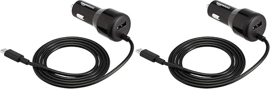 Amazon Basics 30W Fast Car Charger, 1 USB-C (18W) Cable with PD, 1 USB-A (12W) Port, Apple MFi Certified, for Phones (iPhone 16/15/14/13/12/11/X, Samsung, and More), Black (Pack of 2)