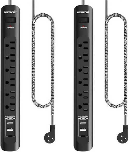 2 Pack Power Strip Surge Protector - 5Ft Extension Cord with 6 Outlets with 3USB Ports(1 USB C) Port, 1875W/15A, Flat Plug, Wall Mount Desk Charging Station for Home Office, Dorm Room