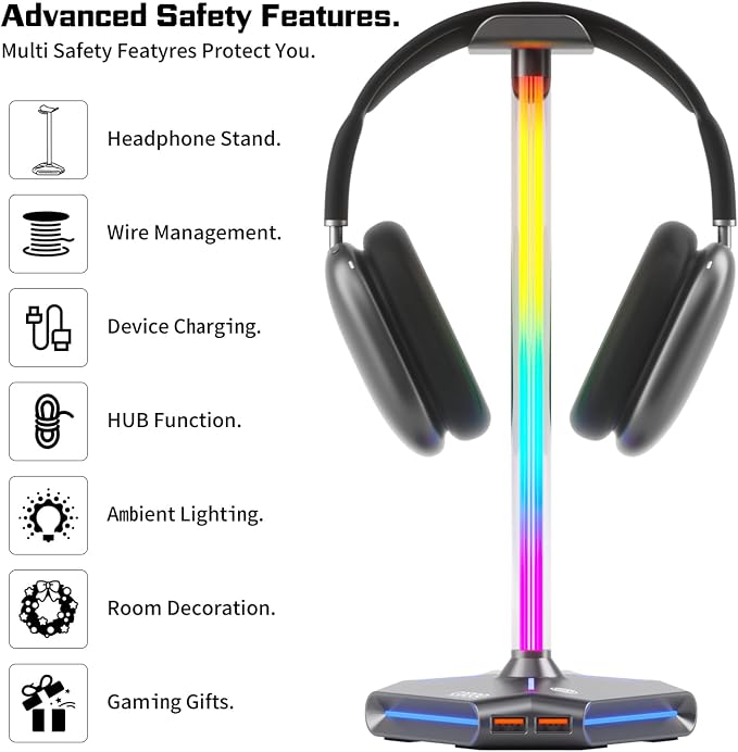 RGB Headphone Stand with 2 USB Ports & Extension Cord, Gaming Headset Holder for Desktop, PC Gaming Accessories, Gifts for Teen Boys, Men, Boyfriend, Gaming Setup Organizer