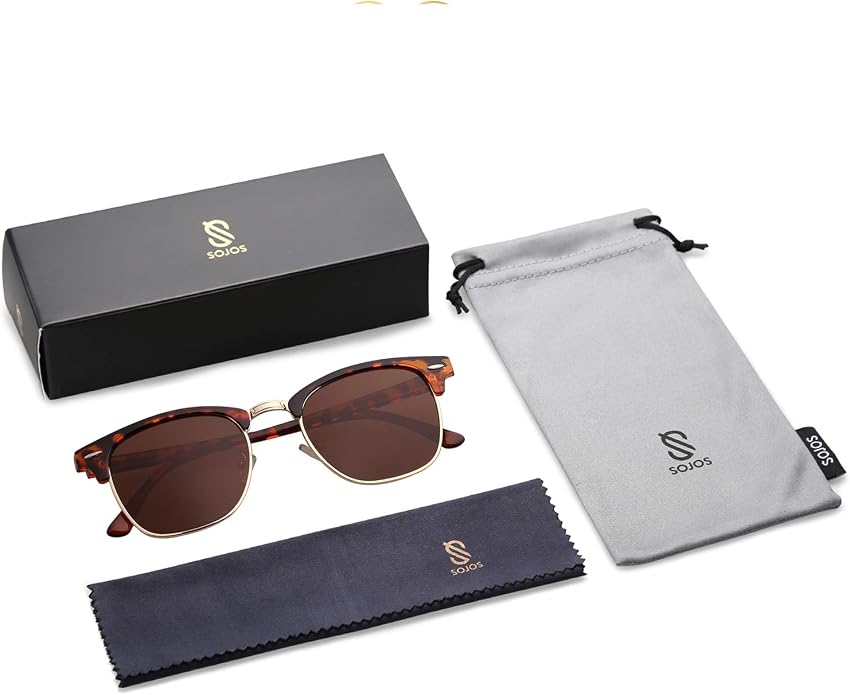 SOJOS Retro Semi Rimless Polarized Sunglasses Horn Rimmed UV400 Glasses SJ5018, Yellow Tortoise Frame/Green Lens
