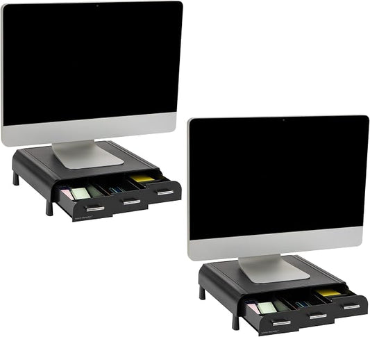 Mind Reader Monitor Stand, 3 Storage Drawers, Desktop Organizer, Riser, Office, 13.5"L x 13"W x 4"H, Set of 2, Black