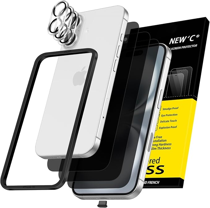 NEW'C 3x Privacy for iPhone 16 Screen Protector (6.1 inches)+ 3x Camera Lens Protector, Sensor Protection, Case Friendly Tempered Glass Film + Dust Plug - Easy installation tool included