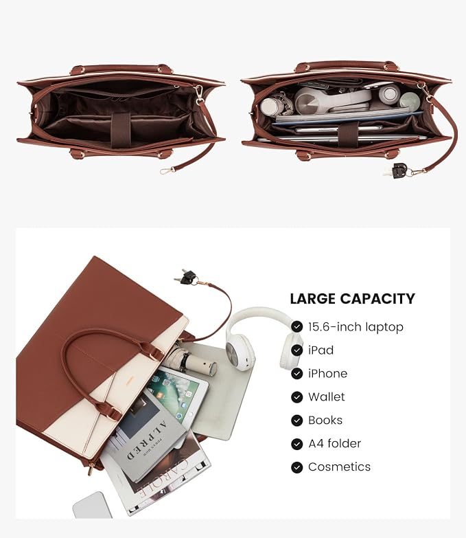 LOVEVOOK Laptop Tote Bag for Women, Leather Business Office Work Bag Computer Briefcase with Small Clutch fit for 15.6 Inch Laptop,Brown-Beige
