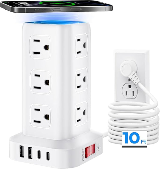 Tower Surge Protector Power Strip with 12 Outlets 4 USB (1 USB C), 10Feet Extension Cord with Multiple Outlets, Charging Station, Power Strip Tower, Office Desk Supplies