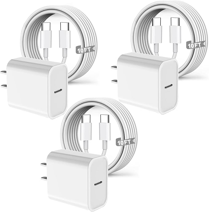 [3 Pack] Long 10FT iPhone 17 Charger 20W Fast Wall Charger Block,[Apple MFi Certified] 10Foot USB C Cable Fast Charging for iPhone 17 Pro Max/17 Pro/Air/iPhone 16 Pro/16 Plus/16E/15 Pro,iPad 2018-2025
