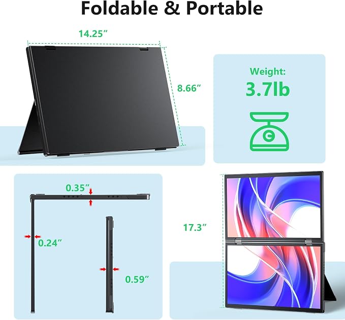 MAGICRAVEN Portable Dual Monitor for Laptop, Foldable Laptop Screen Extender, Plug & Play No Driver, 1080P FHD IPS Triple Screen for Travel & Office, Compatible with Mac, Windows - 15.6"