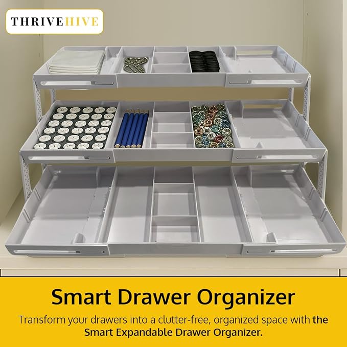 3 Tier Drawer Organizer, Multi Level Smart Drawer Organizer for Desk, Expandable Organizer for Office, Makeup, Jewelry, Kitchen, Folding Storage for Home and Office Drawers & Craft Organizer – White