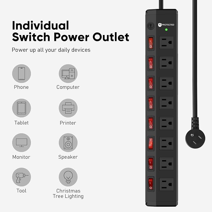 8 Outlet Heavy Duty Power Strip with 8 Individual Switches,Moutable Metal Power Strip Surge Protector 1200 Joules,50FT 14AWG Extension Cord,15A 1800W 125V 60Hz