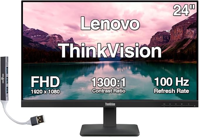 Lenovo ThinkVision 24" FHD IPS Monitor w/ 4ms Response Time, 100 Hz Refresh Rate, Flicker Free, Anti-Glare, VESA Mount (100mm), HDMI & DKZ USB Port Expander, Black