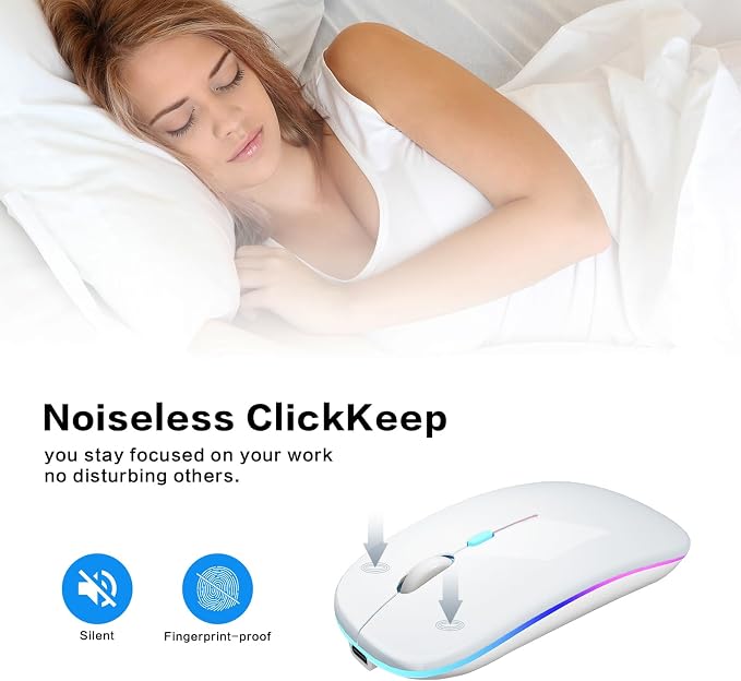AIKOKOK Wireless Bluetooth Mouse, Rechargeable, Dual Mode Bluetooth 5.2 & 2.4G USB, LED Lights, Slim, Silent, Portable Computer Mouse for Laptop, PC, MacBook, iPad, Tablet (Silver)