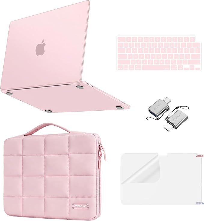 MOSISO Compatible with MacBook Neo Case 13 inch 2026 Release A3404, Seamlessly Closes Scratches & Fingerprints Resistant Hard Shell&Sixteen Grid Puffy Bag&Keyboard Skin&Type C&Screen Film, Blush