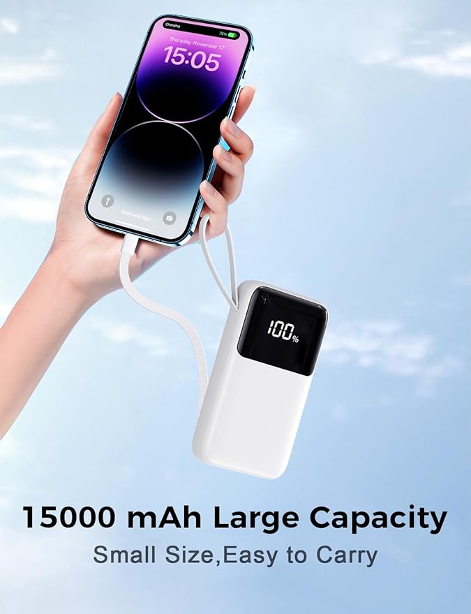 HELLEE Power Bank, 15000mAh Portable Charger with Built in Cable, 22.5W Fast Charging, 6 Outputs, Slim Travel Essential Battery Pack with LED Display, Compatible with iPhone 17/16/15/14/13, iPad White
