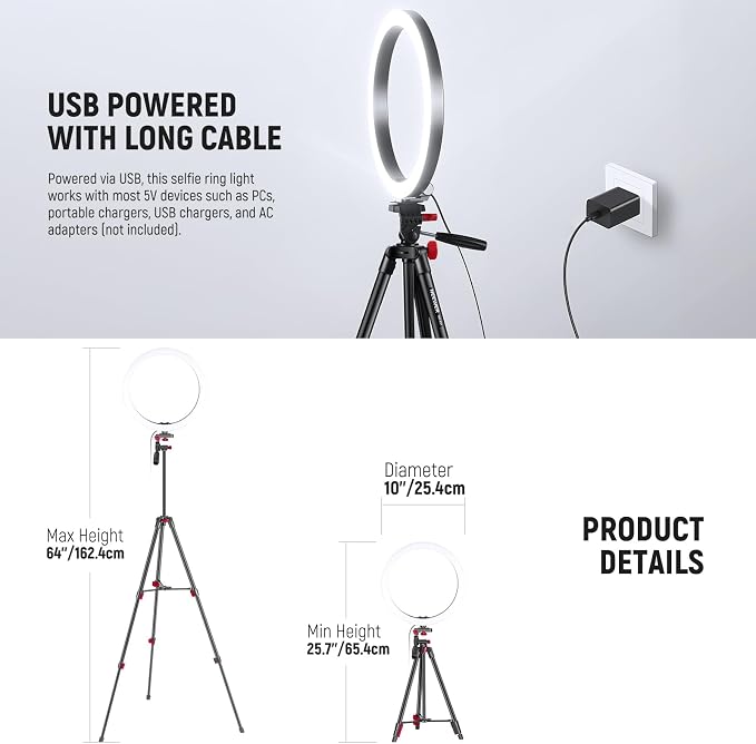NEEWER Basics 10" Selfie Ring Light with Tripod Stand/2 Phone Holders Compatible with iPhone/QR Plate, Dimmable LED Ringlight Lighting for YouTube TikTok Vlog Video Recording Makeup Streaming, RP10-H