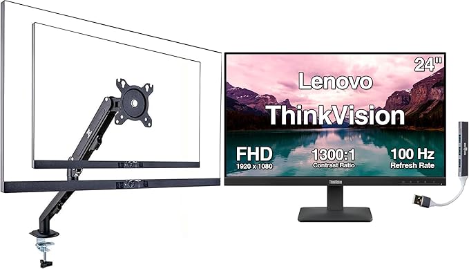 Lenovo ThinkVision 24" FHD IPS Monitor w/ 4ms Response Time, 100 Hz Refresh Rate, VESA Mount (100mm), Flicker Free, HDMI, Black w/DKZ Hub & ErgoFlexy Single Mount Arm