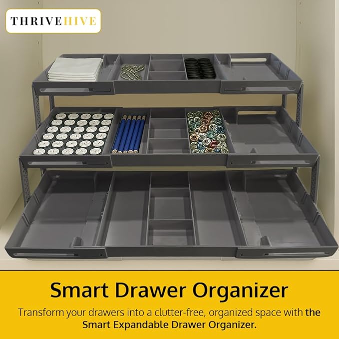 3 Tier Drawer Organizer, Multi Level Smart Drawer Organizer for Desk, Expandable Organizer for Office, Makeup, Jewelry, Kitchen, Folding Storage for Home and Office Drawers & Craft Organizer - Gray